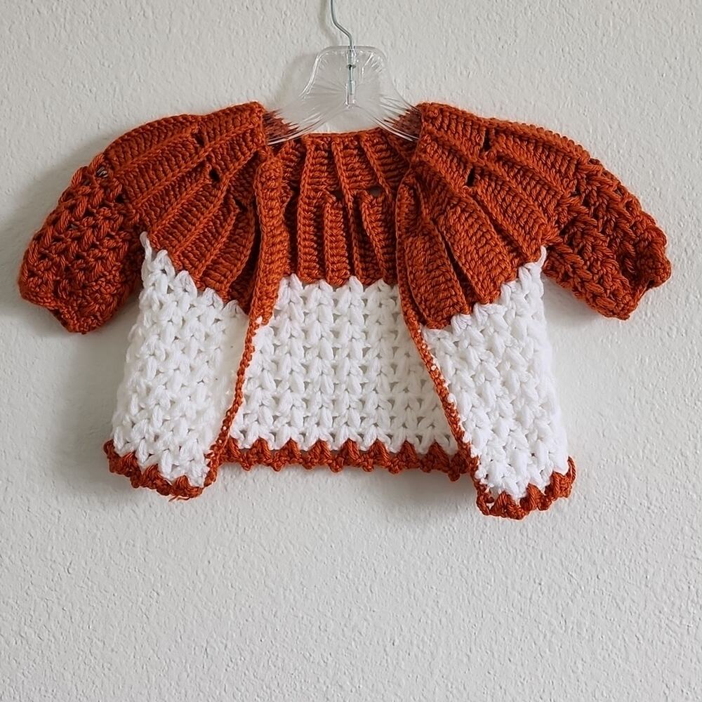 HANDMADE Sweater Crochet Cardigan Knit Yarn Size 12M White & Burnt Orange
